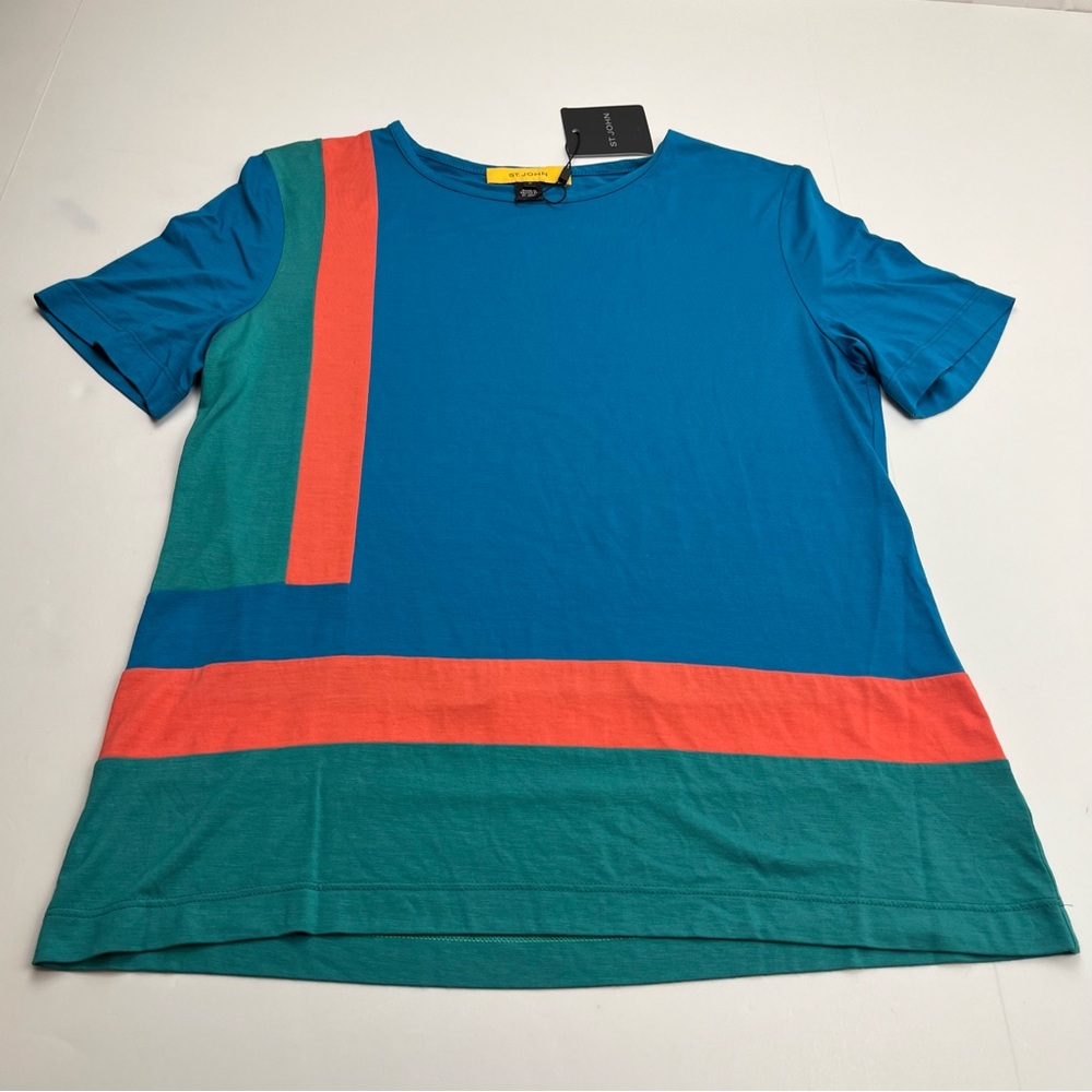 St. John Knits Colorblock Jersey T-Shirt Shirt Blue Multi Womens Size Medium NEW